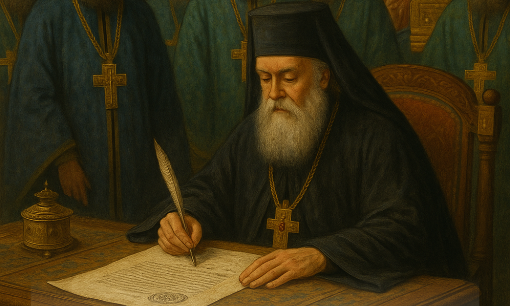 Patriarhul Ioachim al VI-lea semnează tomosul de recunoaștere a autocefaliei Bisericii Ortodoxe Române, 1885
