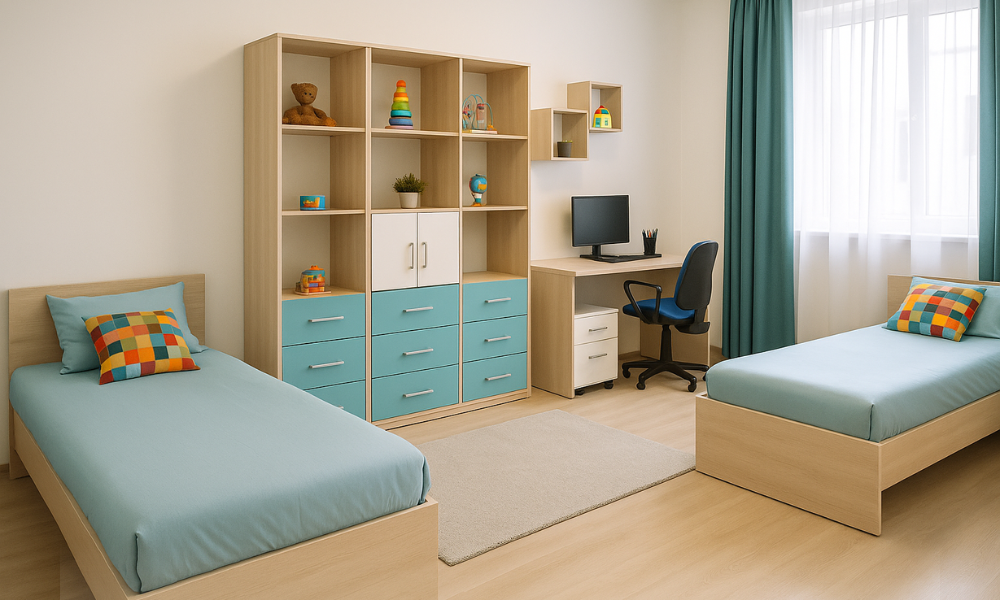 Imagine cu interior modern de casă de tip familial pentru copii din Sălaj, cu mobilier nou și echipamente.