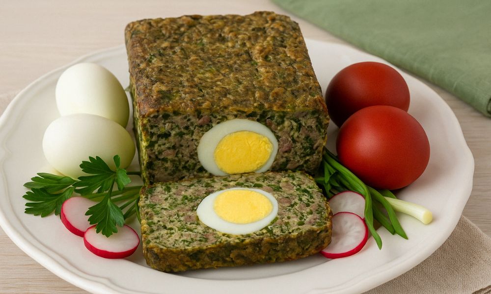 Felie de drob de miel servită pe un platou de Paște, cu ouă fierte și verdețuri