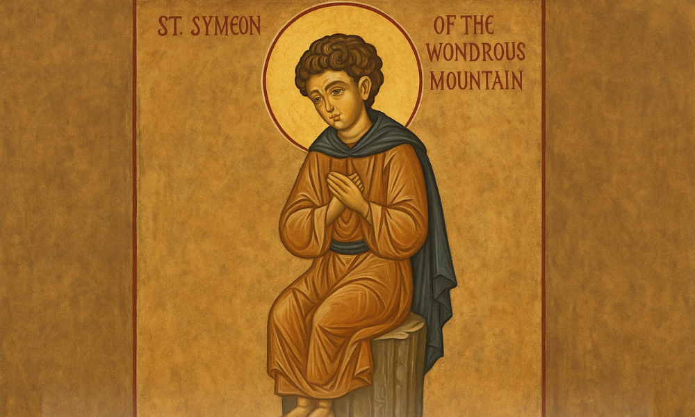 Icoană bizantină stilizată a Sfântului Cuvios Simeon cel din Muntele Minunat, în rugăciune pe stâlp.