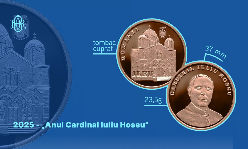 Moneda BNR de 1 leu din tombac cuprat, dedicată Cardinalului Iuliu Hossu, lansată în 2025