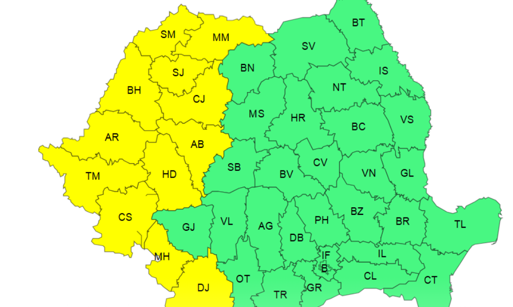 Hartă ANM cu județele vizate de cod galben de caniculă pe 13 august, inclusiv Sălaj